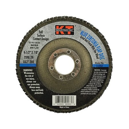 Flap Disc, 4-1/2 In Dia, 7/8 In Arbor, 60 Grit, Zirconium Abrasive